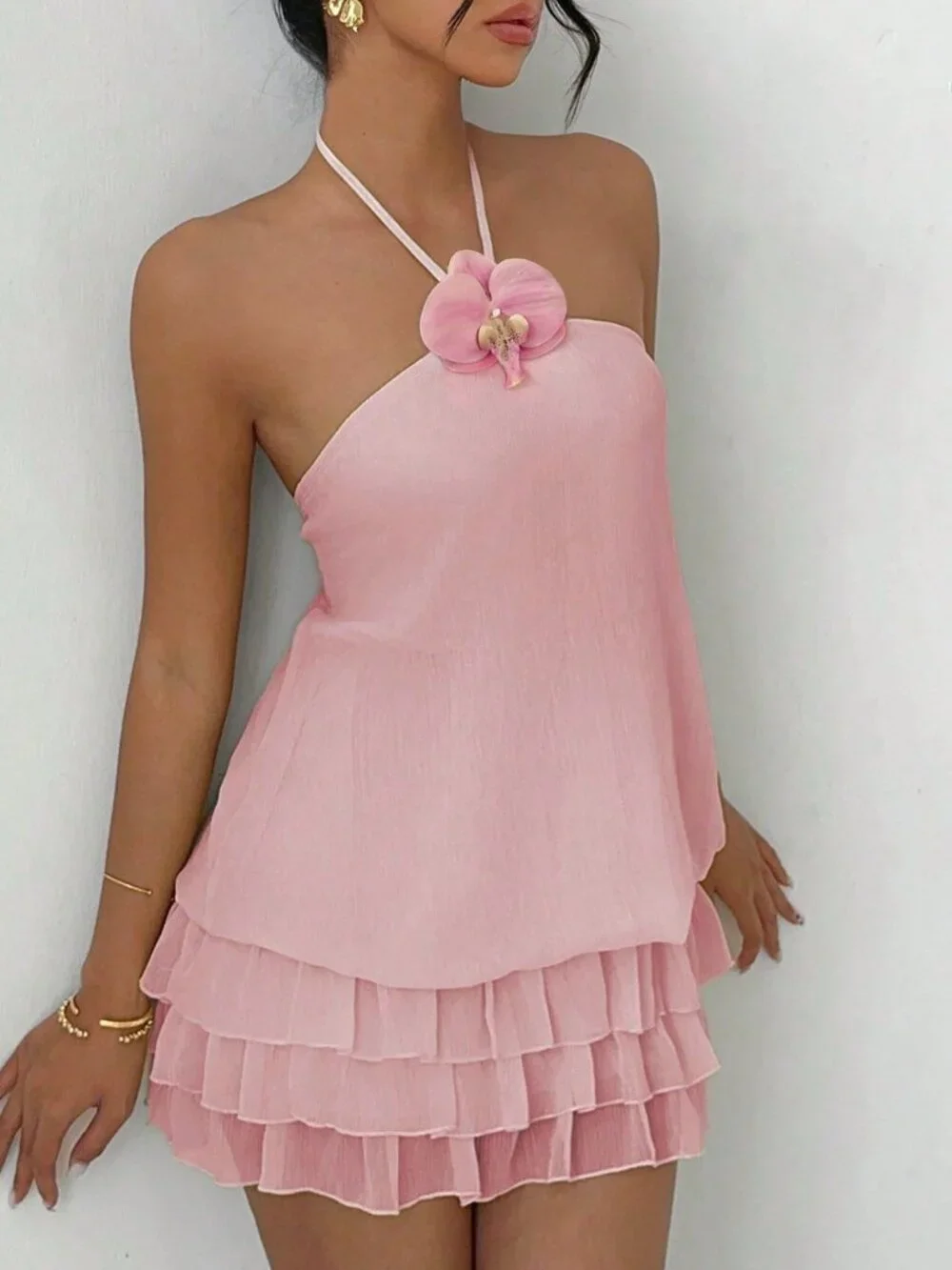Baby Pink Casual Women's Low-Waist Backless Ruffle Hem Mini Dress - Picture 4 of 8